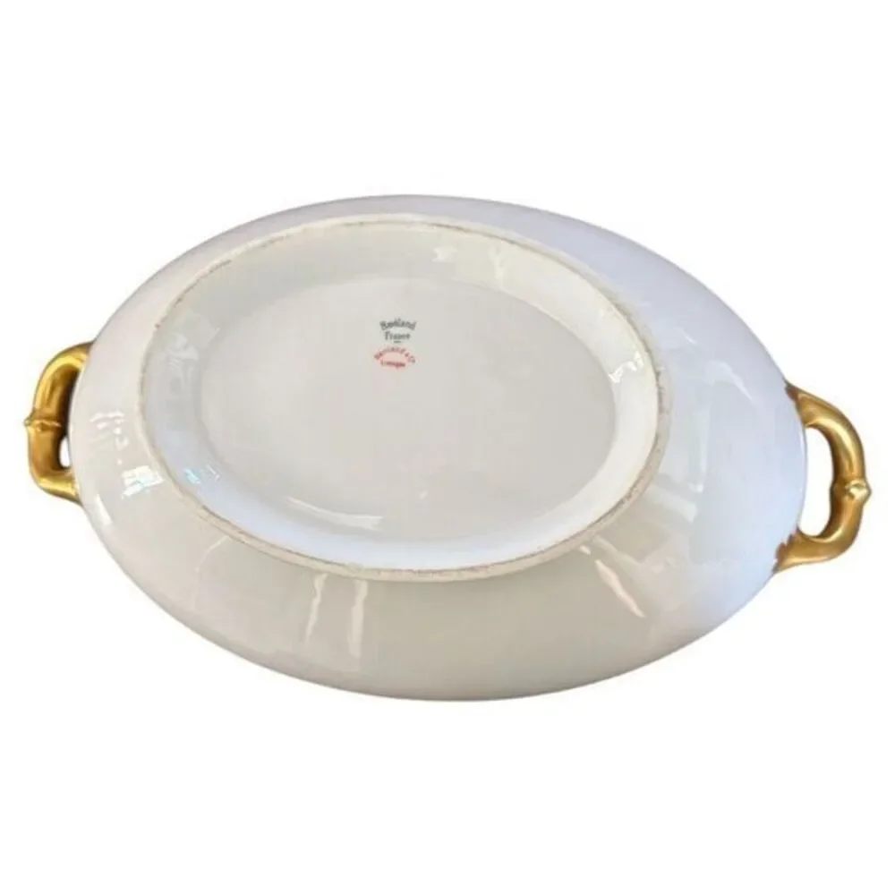 Haviland Limoges Antique Oval Tureen w Lid Serving Bowl Gold‎ Rim Green Vine